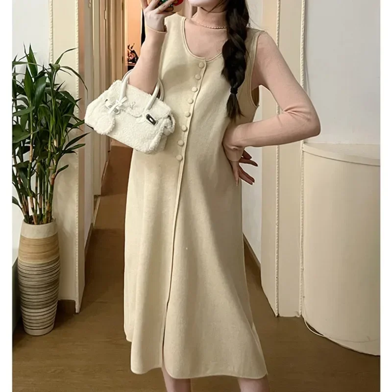 Vestido tipo chaleco de un solo pecho para mujer, moderno y moderno, para otoño e invierno, nuevo chaleco informal de punto holgado sin mangas con cuello en V