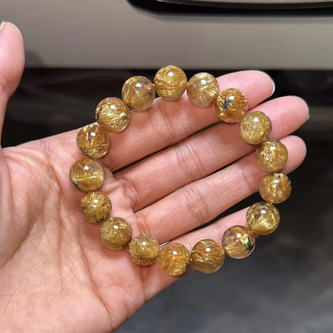 Natural Gold Rutilated Quartz Titanium Bracelet Cat Eye 11.5mm Clear Round Wealthy Woman Men Beads Jewelry Brazil AAAAAAA