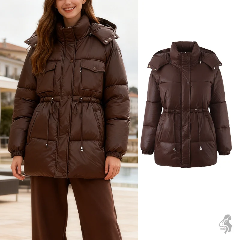 

Women's Brown Puffer Jacket with Removable Hood - Quilted Down Coat with Waist Drawstring for Winter Warmth
