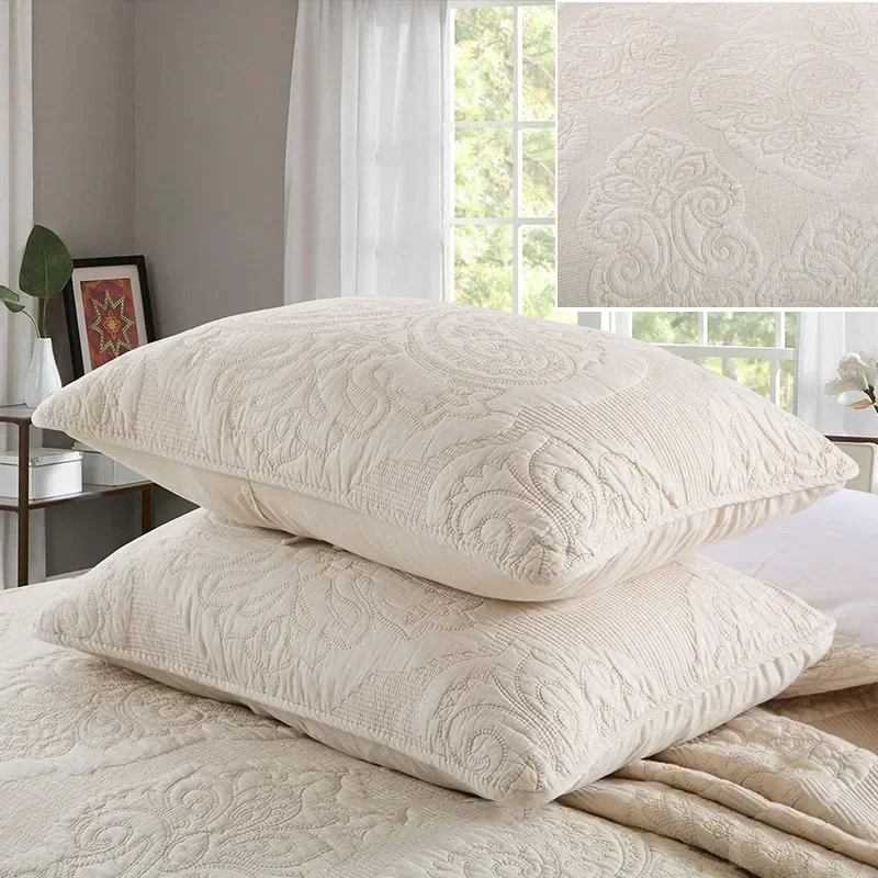 100% Cotton Fabric Quilted Pillowcase 2-Piece Embroidered Pillow Case  Soft and Thick Pillowslip Plain Color