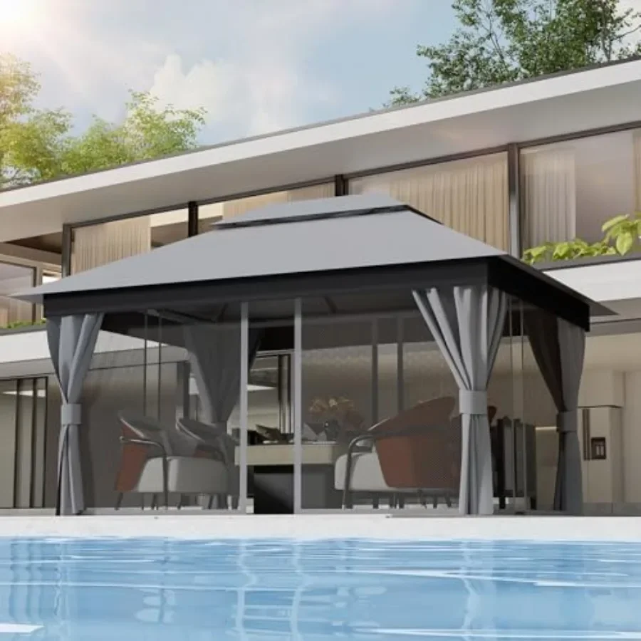Outdoor Gazebo for Patio 10'x13' - Heavy Duty Steel Fe  Party Tent Shelter with Double Roofs Mosquito Net and Privacy Curtains