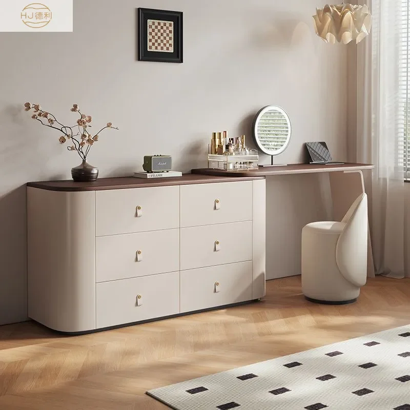 Retro Style Bedroom High End Solid Wood Dresser Storage Cabinet Walnut Veneer Skin Leather Dresser