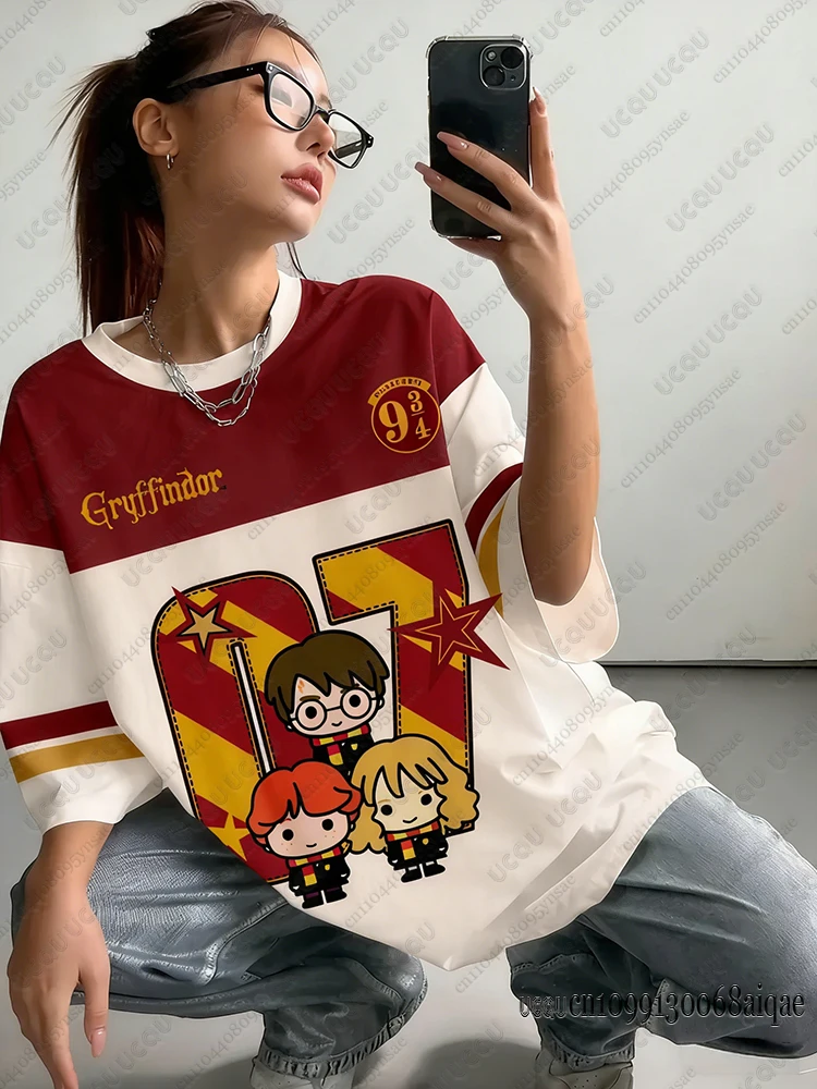 Camisetas con estampado de dibujos animados de Harry Potter para mujer, camisetas deportivas informales de fútbol, camisetas de calle para parejas, camisetas cortas Y2K