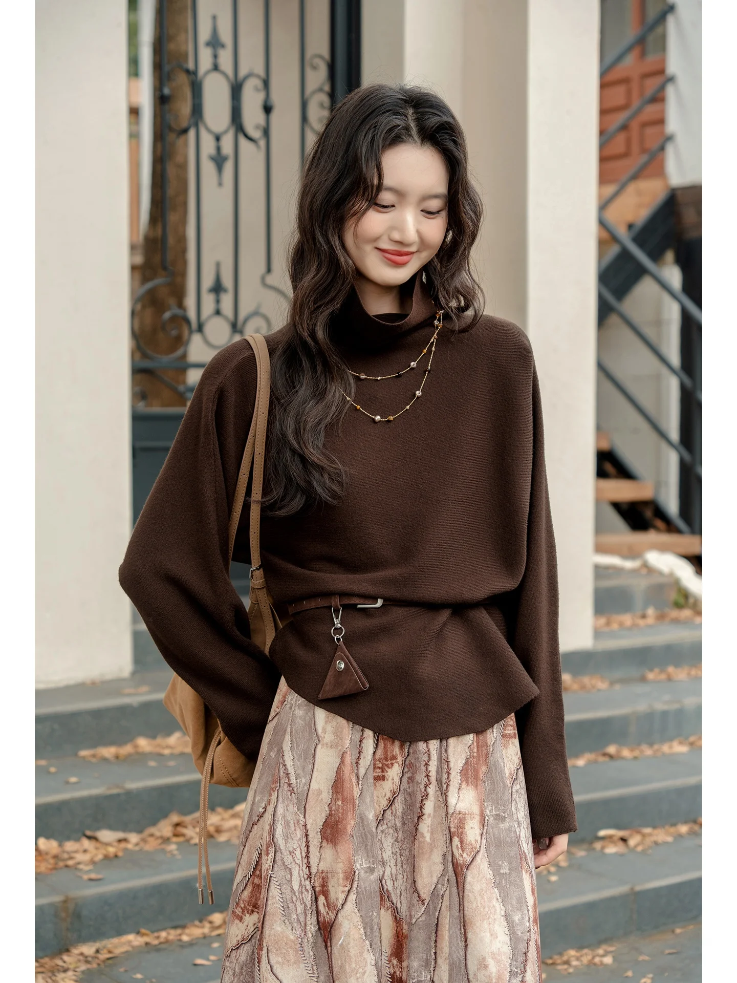 

Women's High Collar Knitted Sweater Belted Winter Base Layer irt Brown Coffee Color Camere Feel Soft Knitwear Top