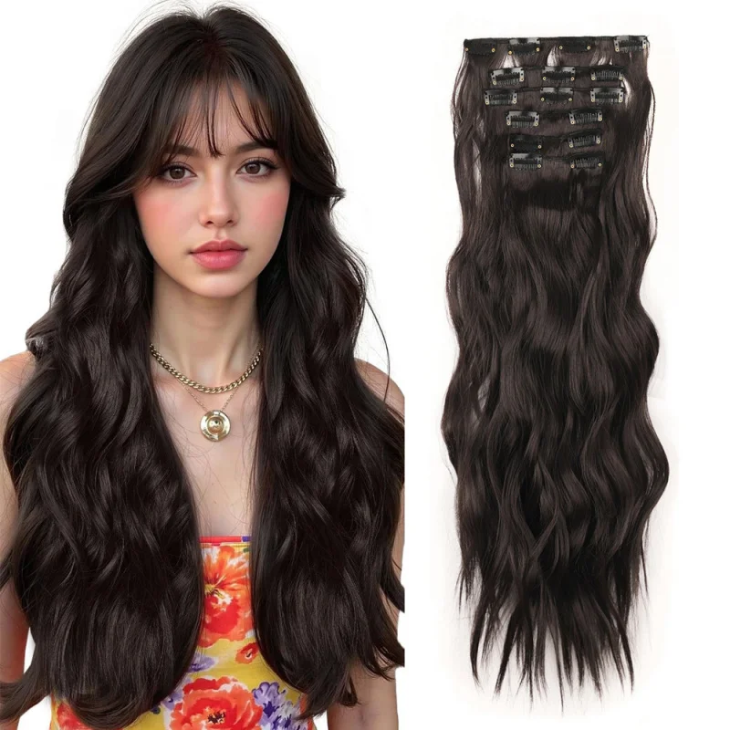 Women's natural black highlighted long curly six-piece set with clips, large wavy synthetic hair extensions