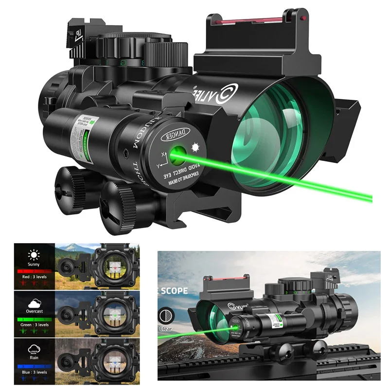 

4x32 Prism Tactical Scopes For Hunting Rifles Red Green Blue Illuminated Reticle Scope with Fiber Optic IIIA 2MW Laser Sight