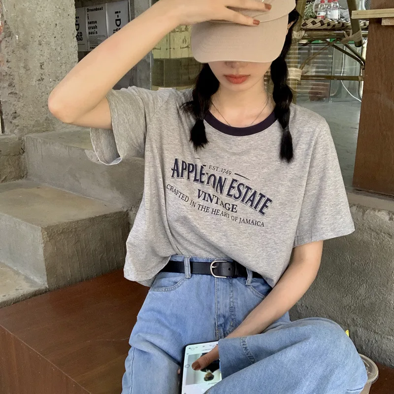 

Vintage Women Contrast Letter O Neck T-shirts Spring Summer Chic Tops Sweet Girls Casual Short Tees New Simple Short Sleeve Tees