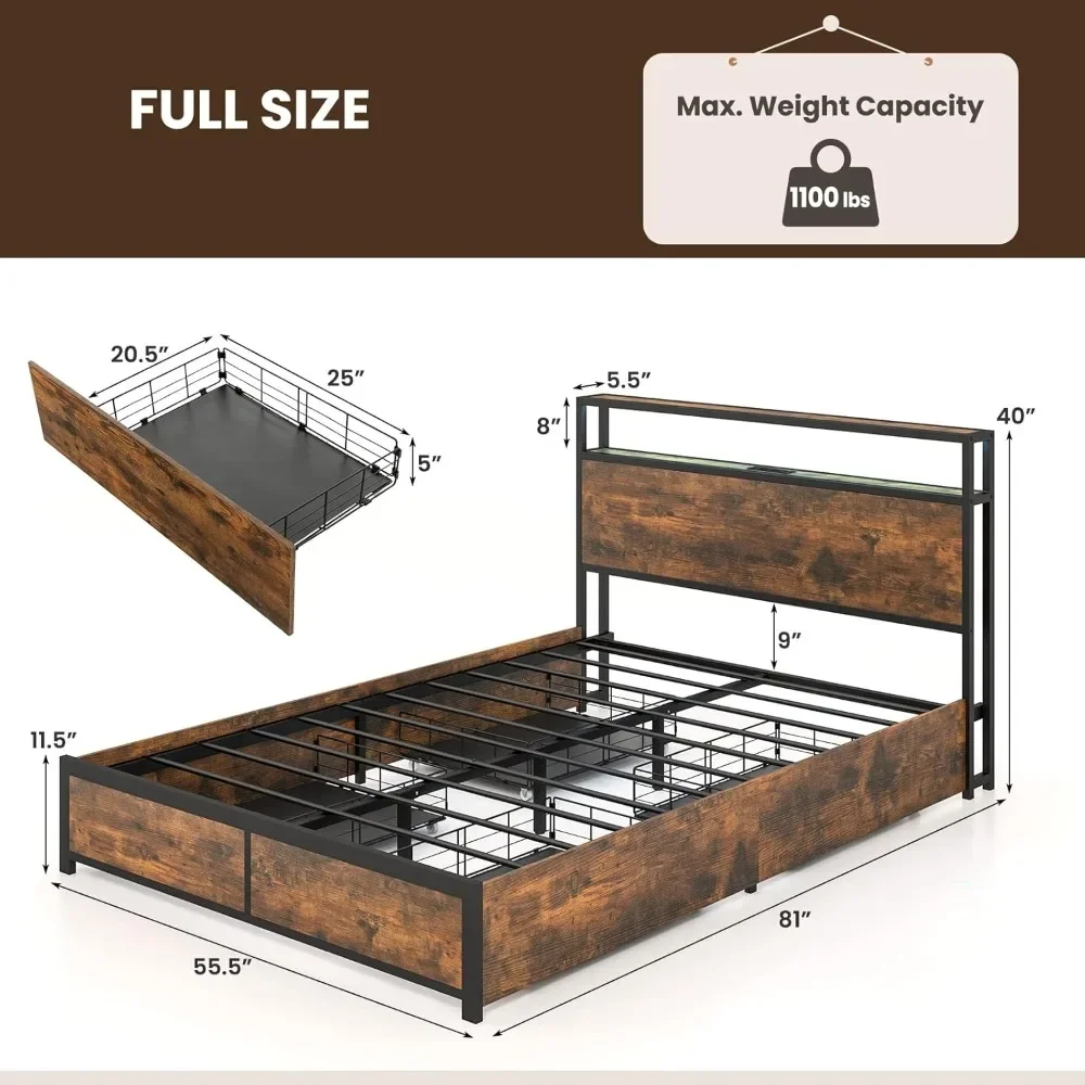 Intelligent LED Bed Frame, Headboard and 4 Storage Drawers, Metal Platform Bed with Socket and USB Port Charging Station