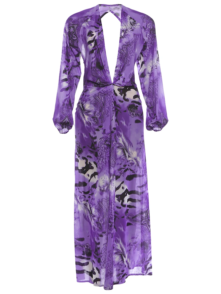 Sisterlinda Rückenfreies langes Kleid für Damen, Herbsttrend, tiefer V-Ausschnitt, Tigerstreifen-Druck, Laternenärmel, Strandparty, elegante Kleider