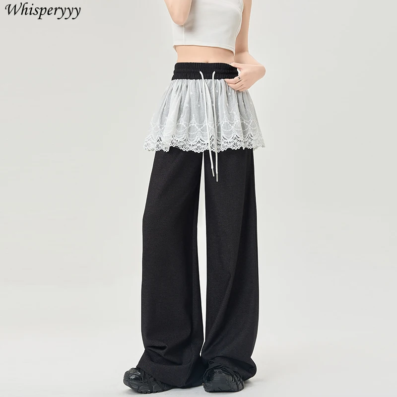 Denim pantalon à jambes larges femmes printemps été ample droit jean décontracté femme taille élastique cordon Patchwork dentelle pantalon