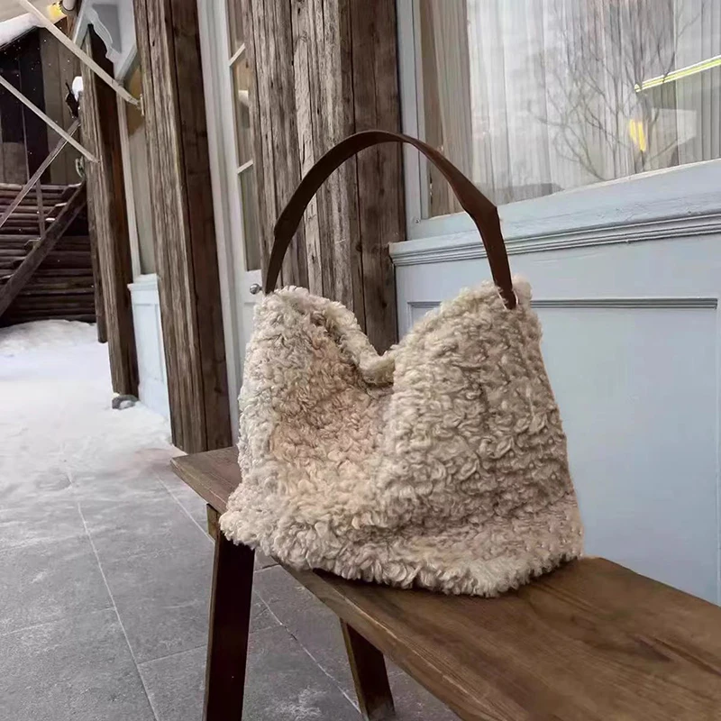 

Faux Fur Underarm Bucket Bag Soft Plush Handheld Shoulder Bag Winter Women Casual Tote Bag Trendy Leather Handle Beige Handbag