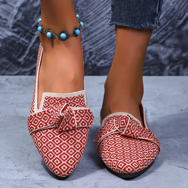Plus Size 43 Women Pointed Bow Casual Breathable Single Shoes 2026 Summer Fashion Shallow Mouth Breathable Anti-slip Flat Shoes
