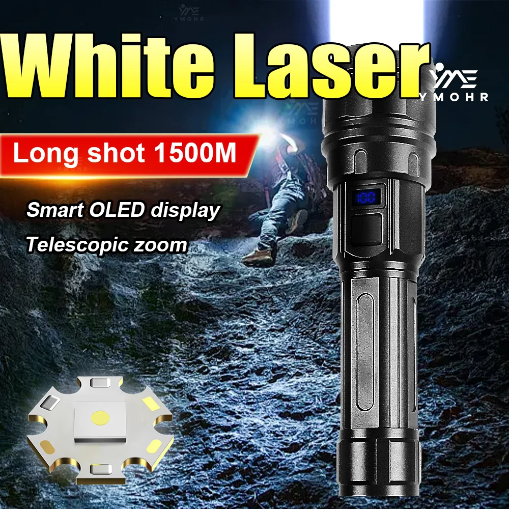 White Laser High Power Flashlight Rechargeable Lamps Zoomable Super Bright Lantern Long Distance Outdoor Emergency Fishing Torch