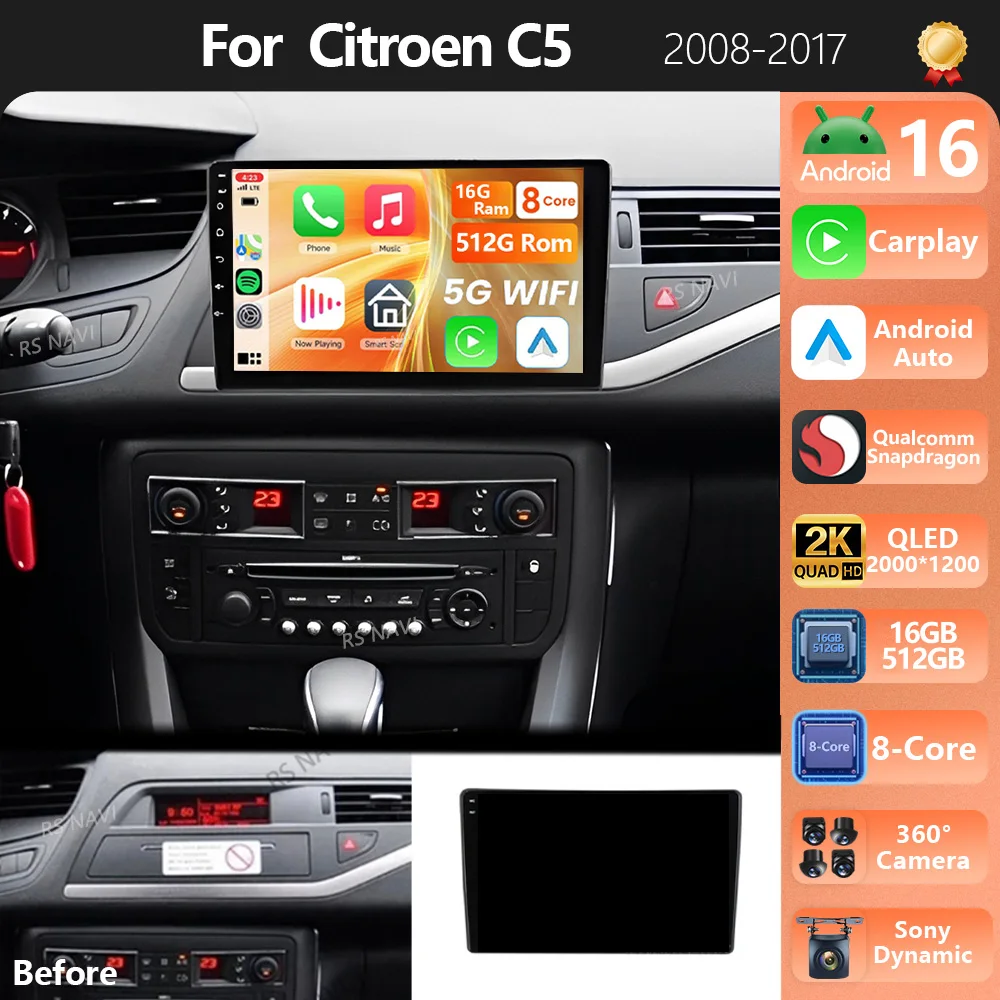 Plug and Play Android 16 For Citroen C5 2008 2009 2010 - 2017 Carplay Car Radio Multimedia navigation video DVD Autoradio Stereo