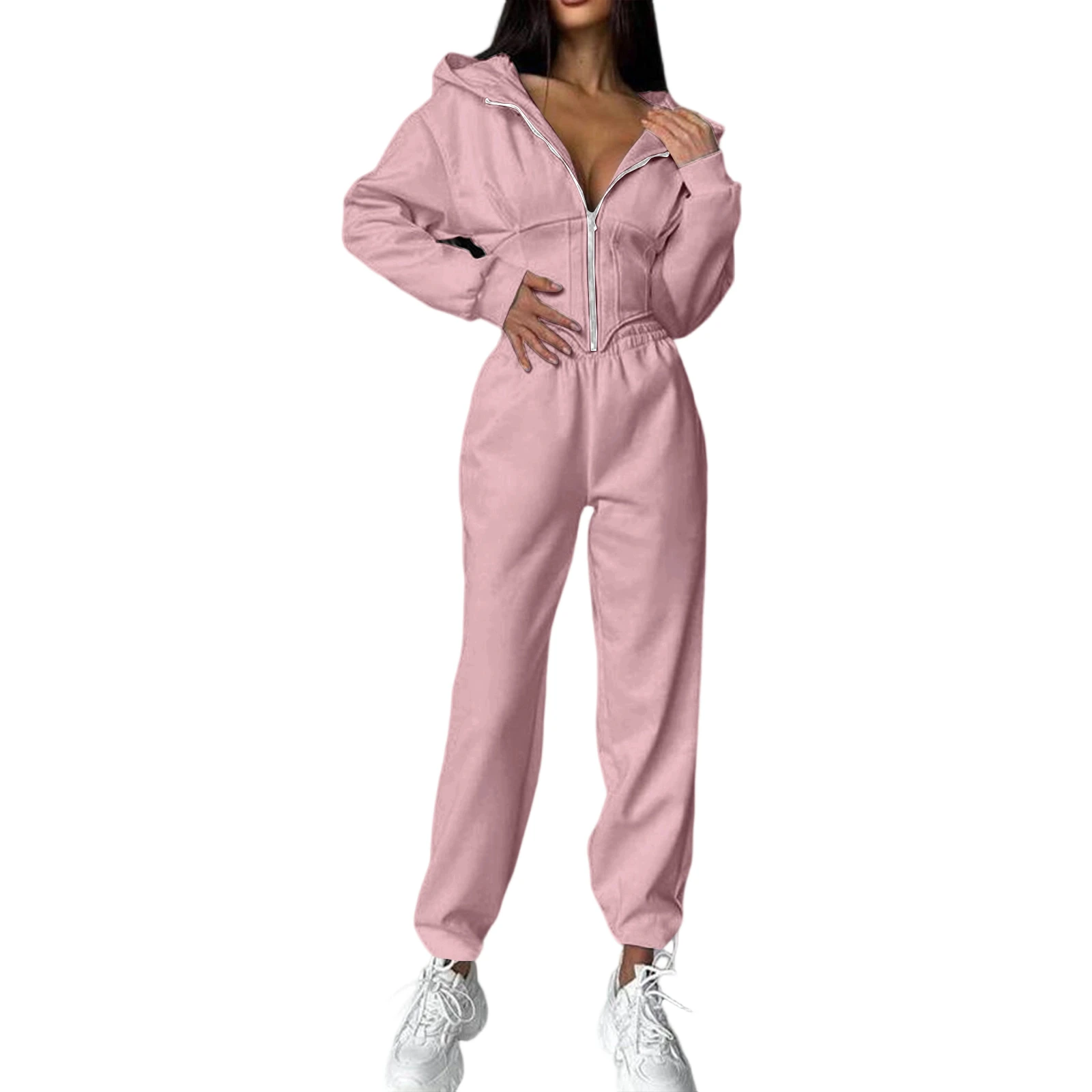 Women Solid Color Waist-cinching Hooded Sweatshirt Long Pants Set Ladies Autumn Winter Sporty Casual Hoodie Two-Piece Outfit