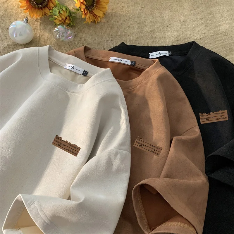 Suede Fabric High Quality Pullover T-shirts Men's Summer Fashion America Style Oversize O-neck Short Sleeve Tees Chic Streetwear
