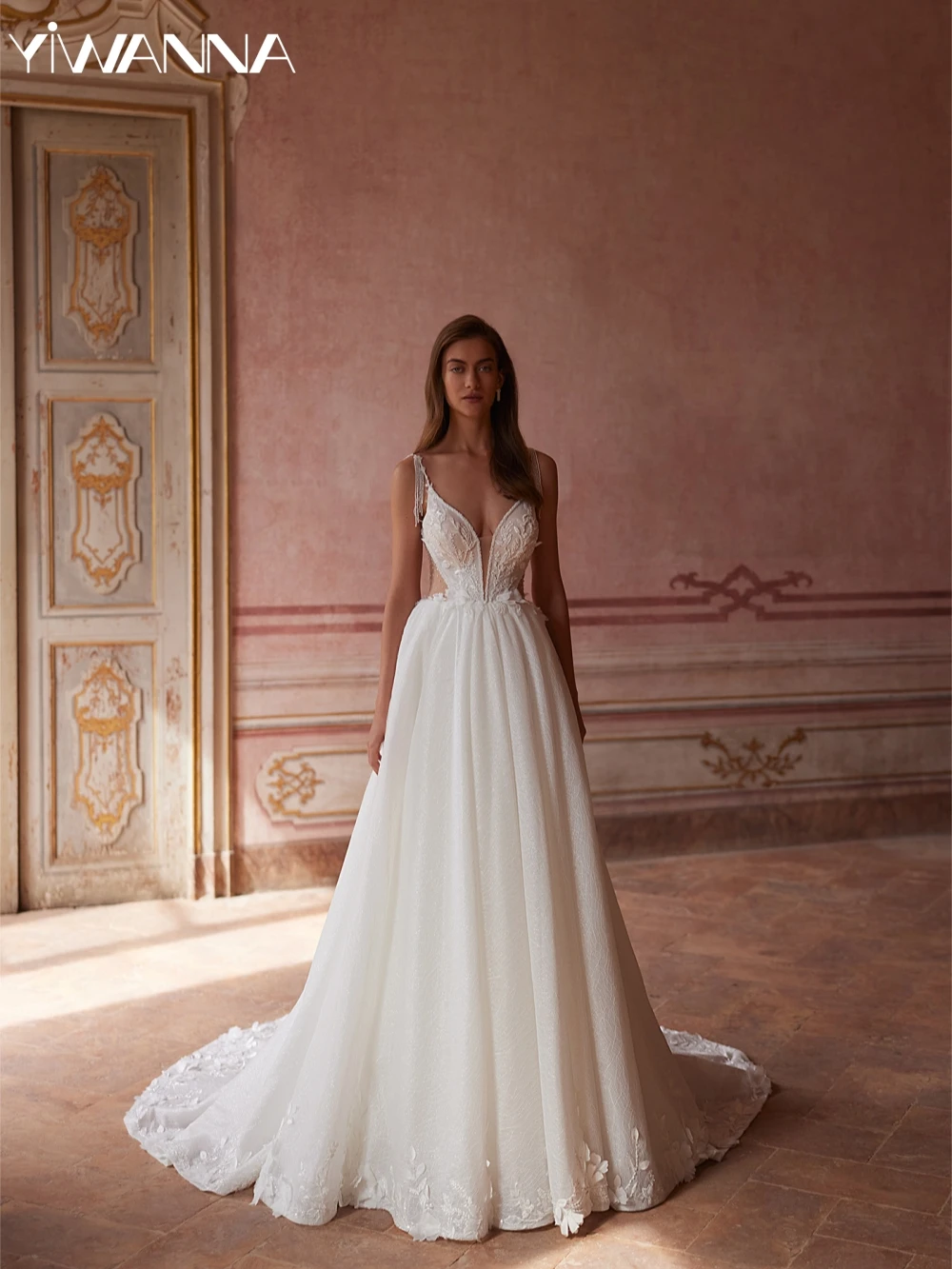 

Shiny Elegant Beaded Lace A-line Long Wedding Dress Charming 3D Flower Bridal Gown Customized Deep V-neck Dresses For Bride