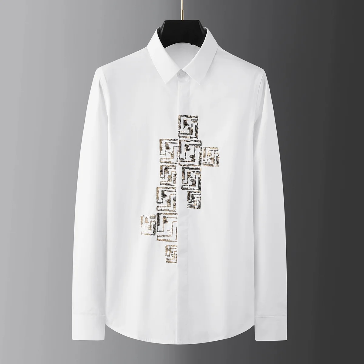 

Brand Golden Sequin Embroidered Men's Shirts Casual Social Business Dress Shirt Slim Fit Long Sleeve Banquet Party Costume