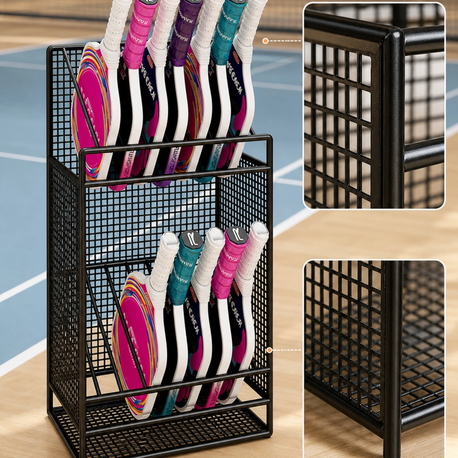 Pickleball Paddle Rack Metal Pickleball Paddle Holder Sports Gear Organizer Freestanding Storage System Floor-Standing