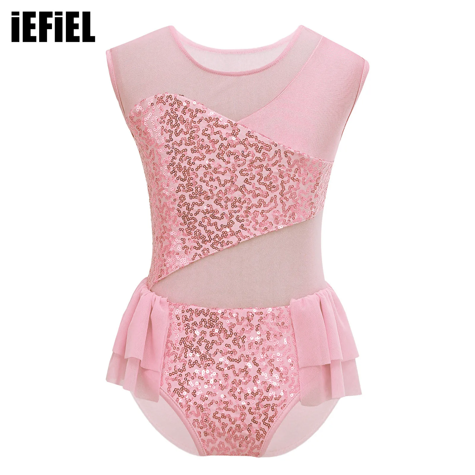 

Kids Girls Shiny Sequins Leotards Patchwork Style Dance Stylish Clothing Sleeveless Round Neckline Ruffle Mesh Hem