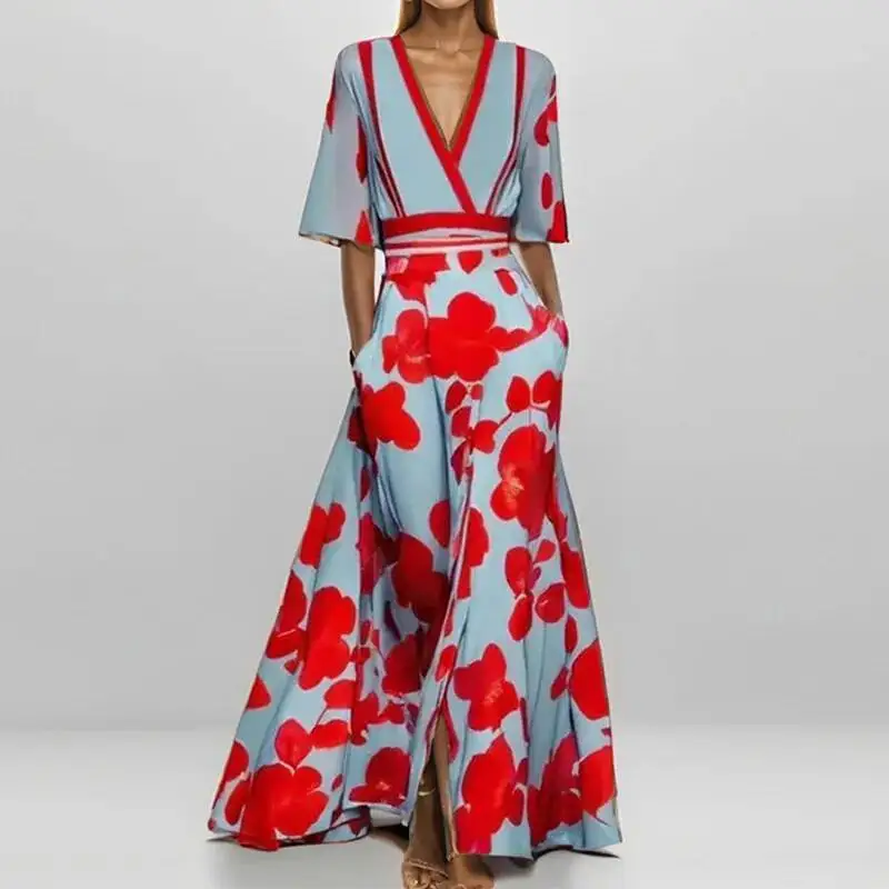 

Spring Summer Women Fashion V Neck Belted Party Long Dress Sexy Printing Boho Maxi Dresses Short Sleeve Pocket Femlae Holiday