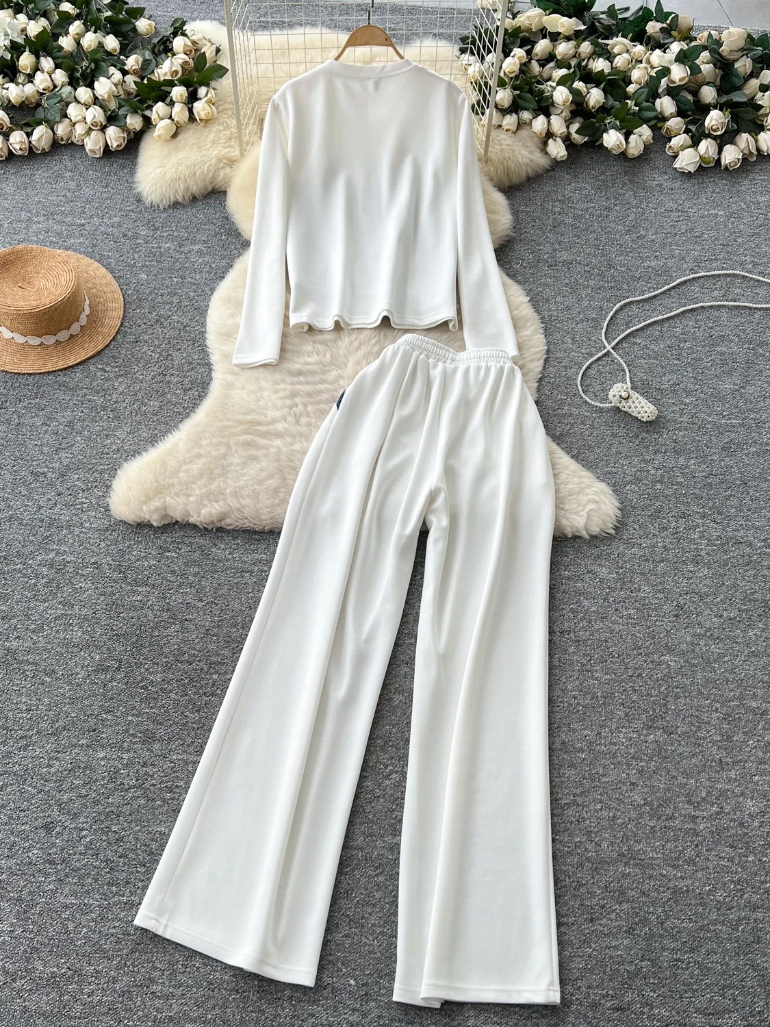 

Повседневный женский осенний комплект из Гонконга Sle, прямые брюки с высокой талией и широкими штанинами, длинный костюм-двойка с наклеенным верхом све