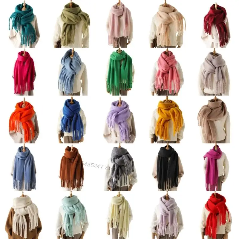 

Solid Color Scarf With Thick Fringe Soft Polyester Fabric Warm Winter Accessory H7EF