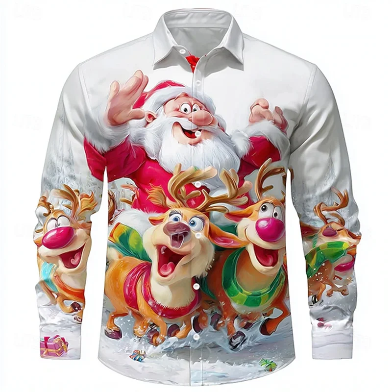 

Creative Santa Clause Elk Graphic Men's Shirt Fashion Loose Casual Button Lapel Long Sleeve Top Christmas Carnival Party Clothes