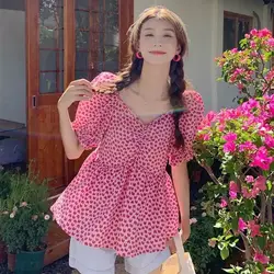 2024 Summer New Korean Style Retro Large Size Floral Chiffon Shirt Younger Fashion Puff Sleeve Elegant Top for Women