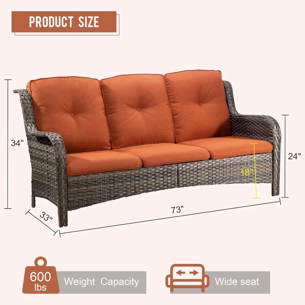 Outdoor Couch Patio Sofa 3 Seater, Wicker Sofa with Seat and Back Cushion, Lounge Couch Furniture for Porch