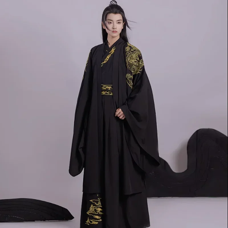 

Традиционный китайский мужской костюм Hanfu для косплея, старинная модель, мужской костюм для Хэллоуина, черный костюм Hanfu, 3 шт., большие размеры 2XL