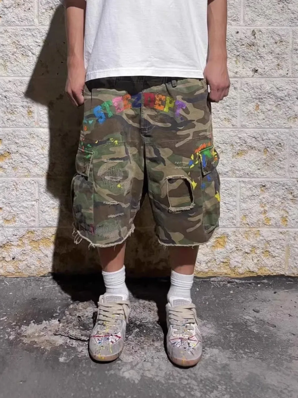 American High Street Camouflage Workwear Jeans Shorts Graffiti Letter Print mid Waist Straight Leg Five-Point Trendy Pants