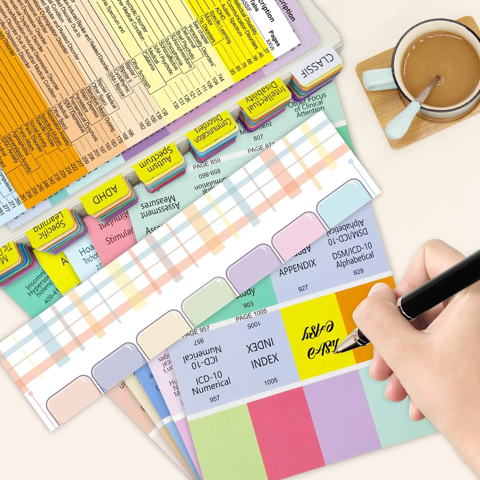 100-Pack Colorful & Laminated Dsm-5-Tr Tabs With Alignment Guide And Disorder Descriptions - Essential For Mental Health