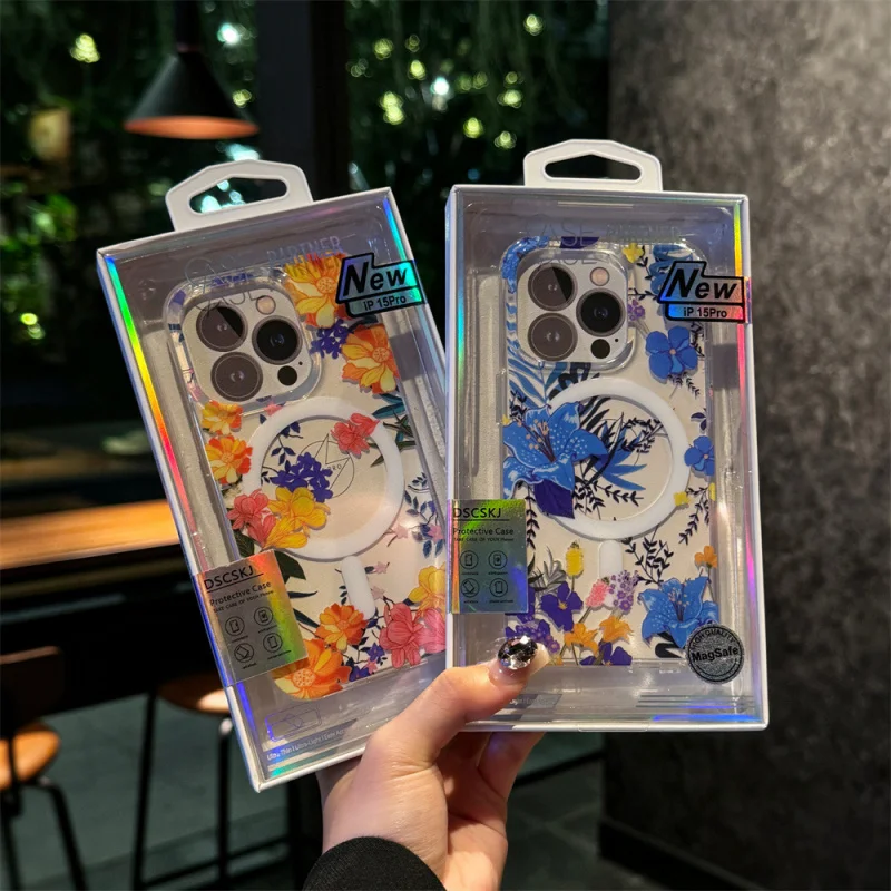 

Phone case suitable for iPhone 17 pro max fresh floral high-end feeling 16 pro transparent 14 magnetic suction case