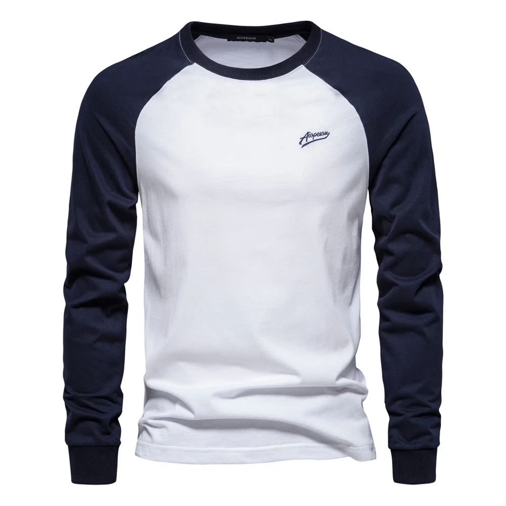 

Simple Design Patchwork Color Men's T-shirt Autumn Outdoor Street Casual Long Sleeve Tees Loose Round Neck Comfortable Male Tops