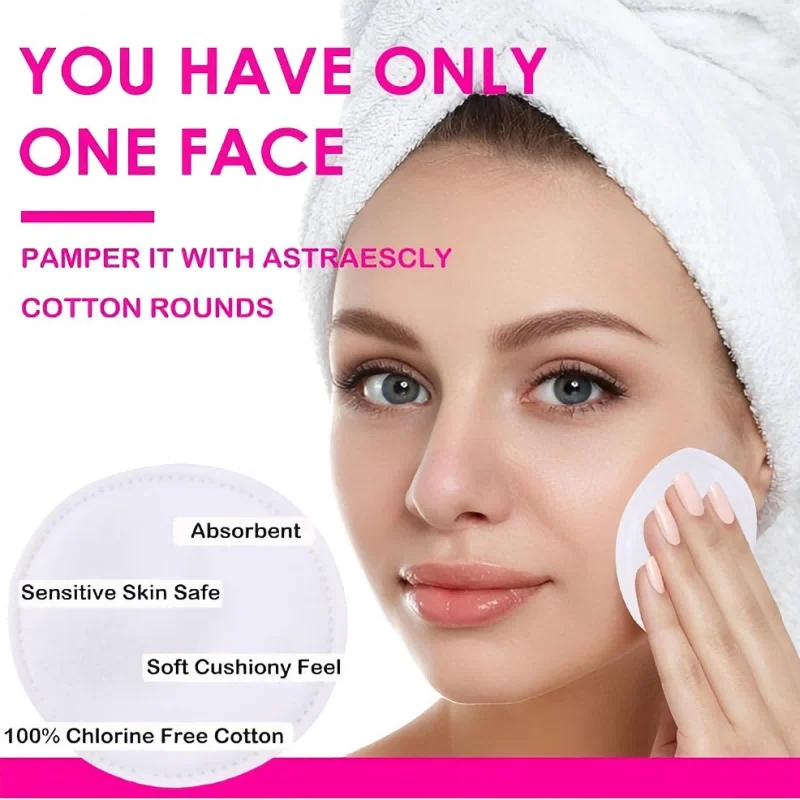 300枚（3パック）プレミアムコットンラウンド、柔らかく、吸収性のある、メイク落とし、スキンケア、洗顔用コットンパッド