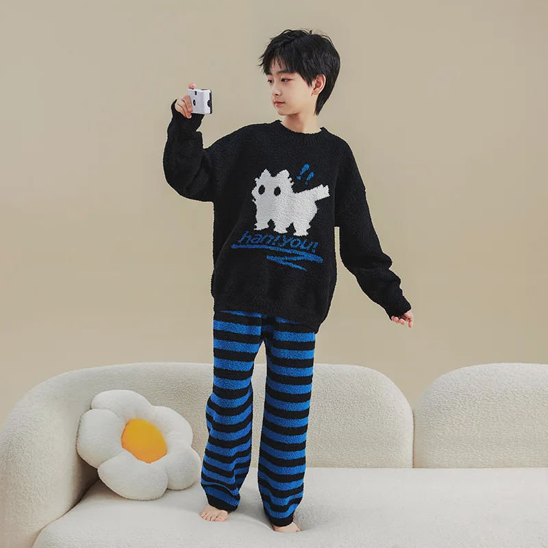 New Winter Junior Boy Soft Flannel Pajamas Clothing Sets Boys Cartoon Thicken Warm Lapel Tops With Pants Pajamas Sleepwear