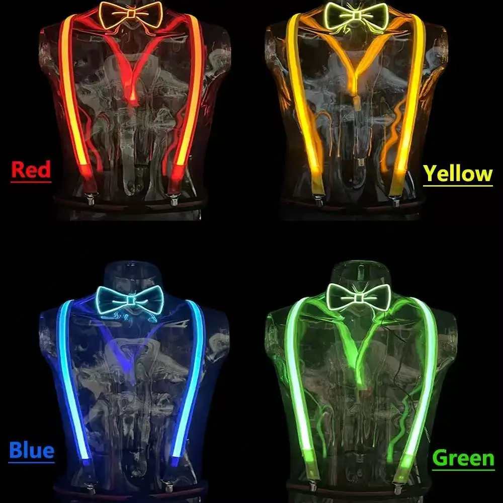 Leuchtende LED-Hosenträger und Fliege für Herren, für Musikfestivals, Halloween, Weihnachtsfeiern, Kostüm-Neon-Accessoires