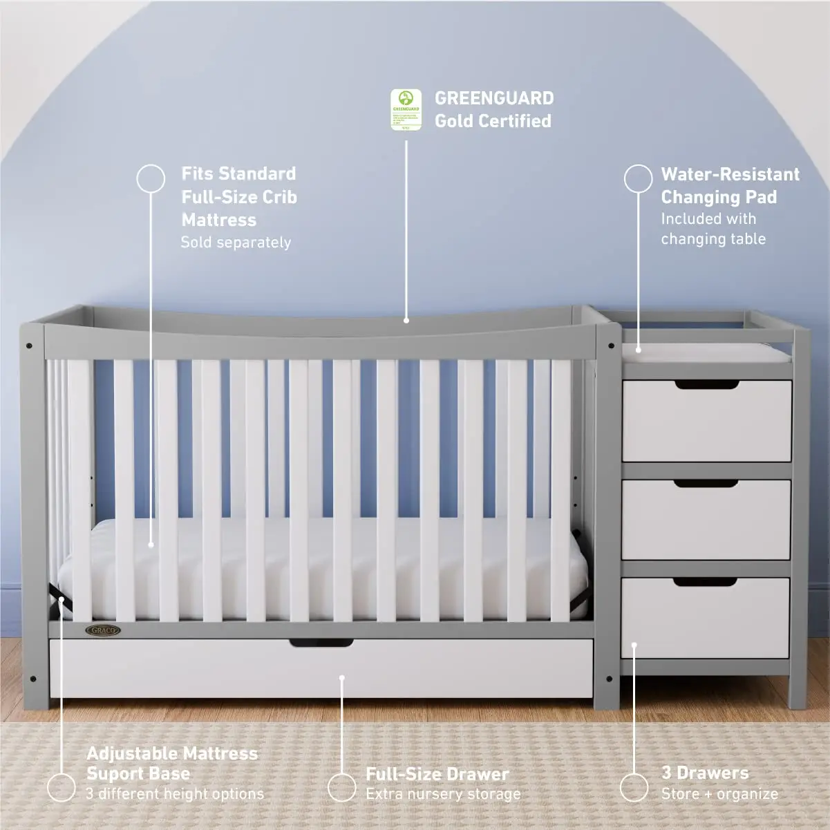 4-In-1 Convertible Crib & Changer With Drawer – GREENGUARD Gold Certified, Crib And Changing-Table Combo