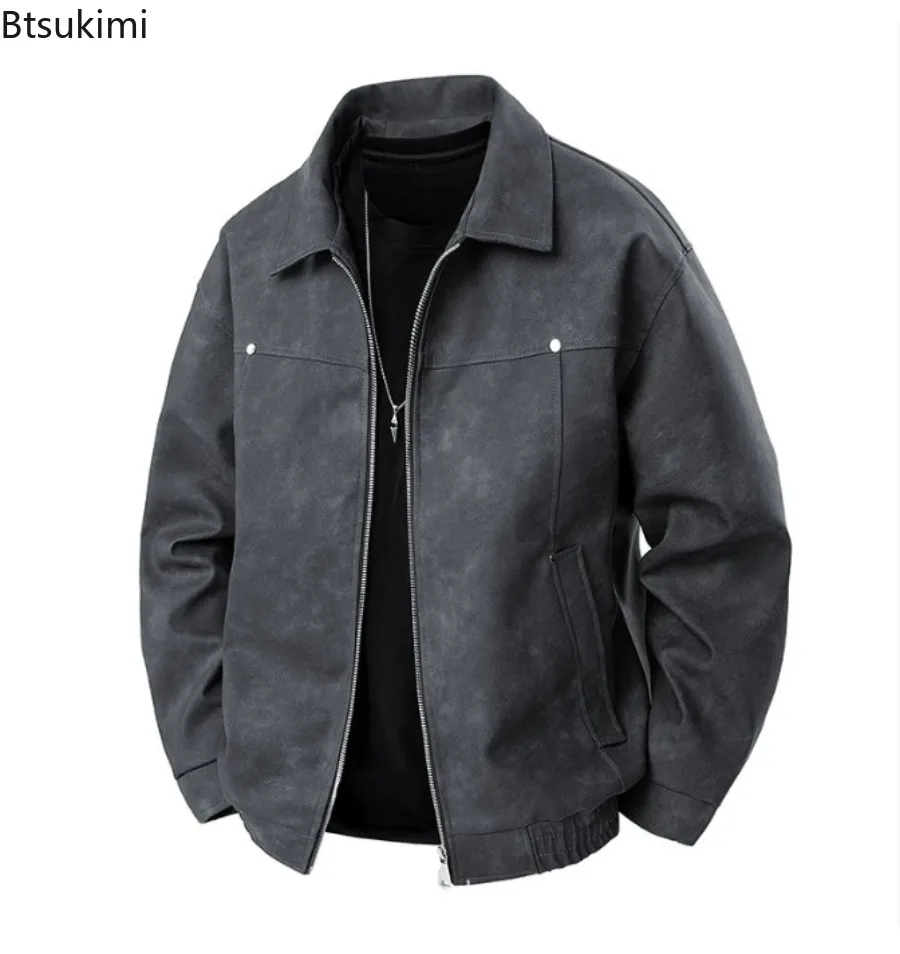 

2026 Men's Fashion Casual PU Leather Jackets American Style Vintage Loose Lapel Collar Zip-up Leather Coats Man Trend Streetwear