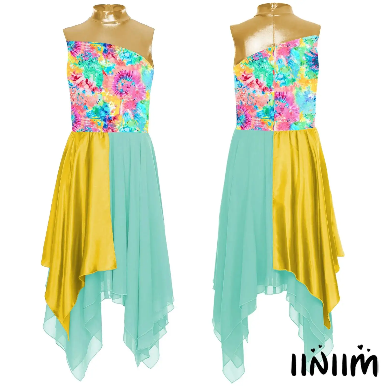 

Womens Praise Dance Dress for Womens Color-Block Print Design Lightweight Chiffon for Worship Lyrical Performance Casual Outing