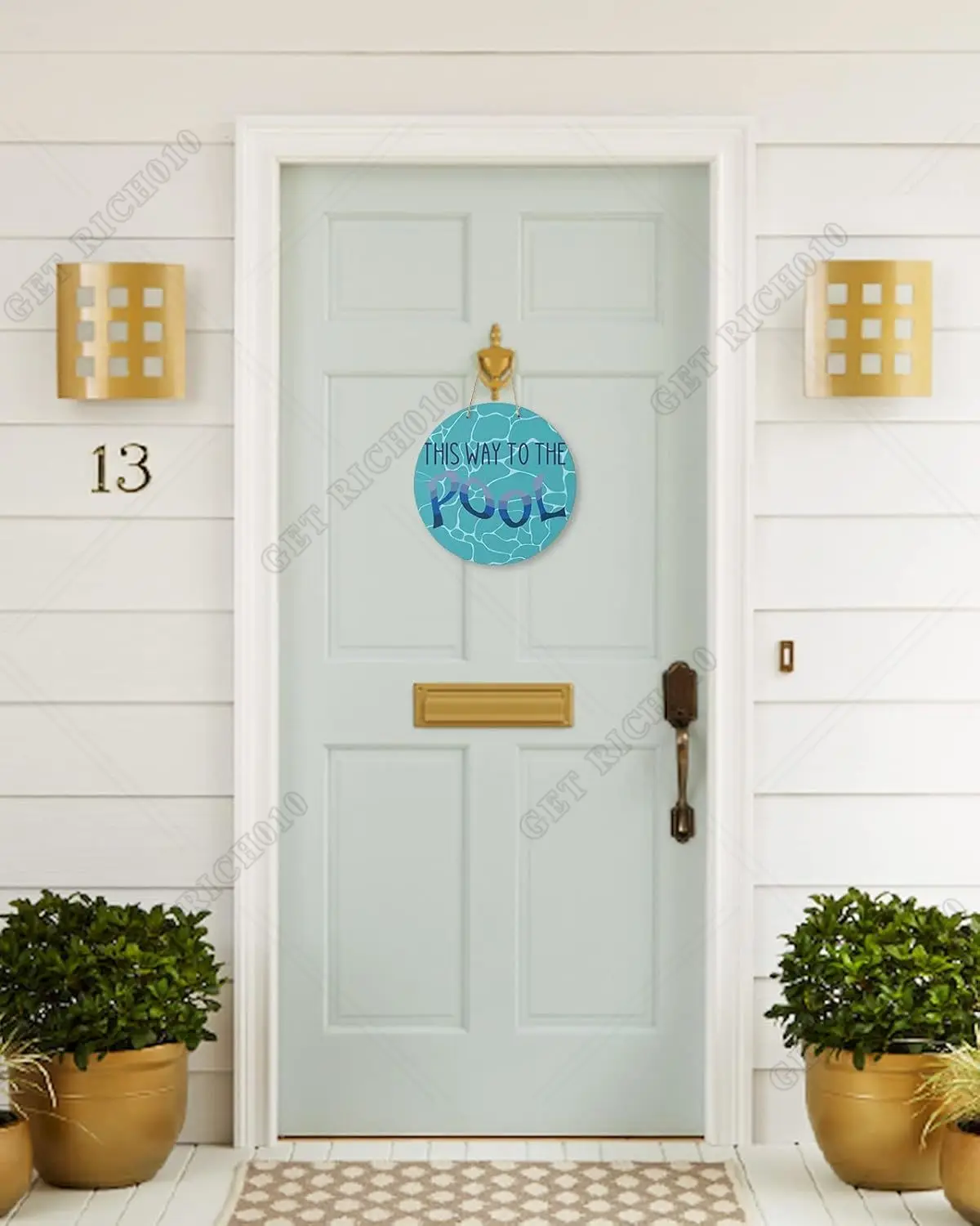 Swimming Welcome Sign for Front Door Porch Decor Wreaths for Indoor Outdoor Wall Hanging This Way to The Pool Blue Round 12in