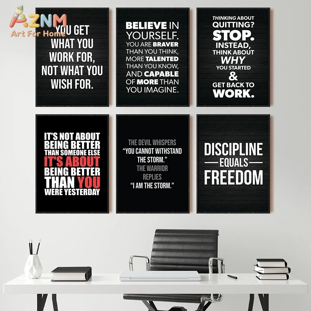 AZNM Black Motivational Quote Canvas Wall Art Print, Discipline Freedom Positive Typography Inspirational Office Workplace Moder