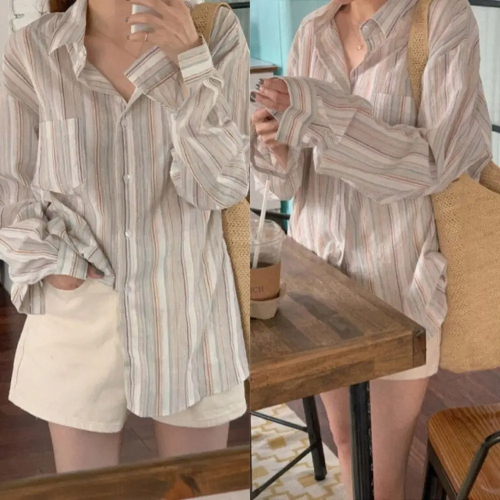 Sun Protection Pink Striped Blouse Fashion Oversize Turn-down Collar Women Shirt Long Sleeve Spring Summer Blusas Tops