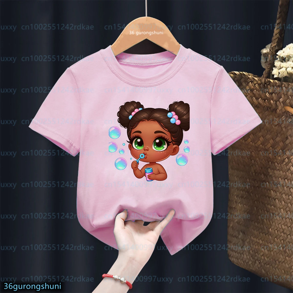 African Angel Black Girl Cartoon Print Girls T-shirt Fashion Aesthetic Girl Pink Short sleeved Cute Baby Tshirts Black Girl Tops