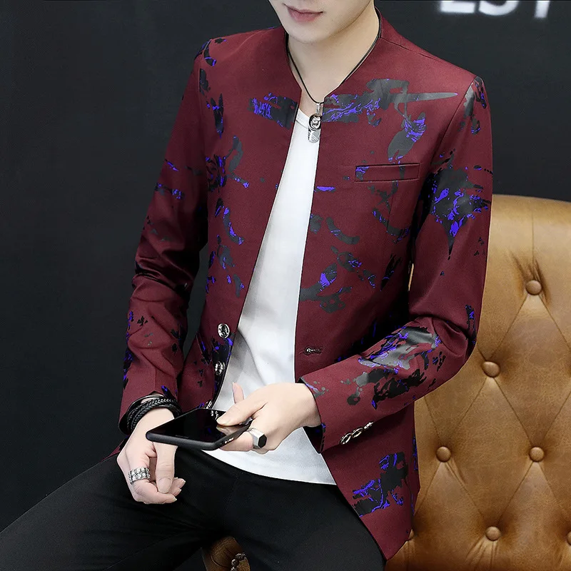 

HOO 2024 Men's New Stand Collar Printed blazer Youth Autumn Fashion and Handsome blazers