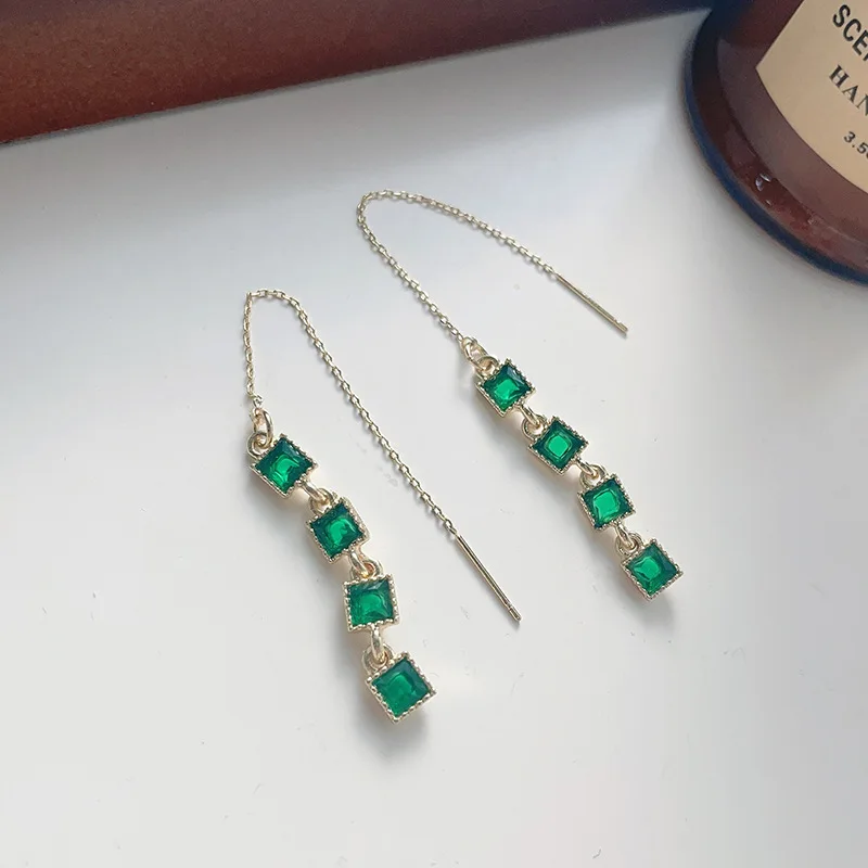 New 925 Sterling Silver Emerald Zircon Square Earrings for Women Plated 14k Gold Retro Original Jewelry aretes de mujer