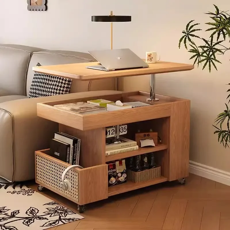 Winter wood solid wood mobile coffee table liftable small apartment living room home sofa sideboard cart bus