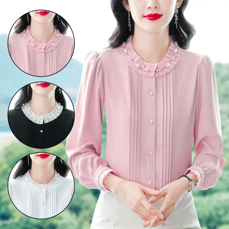 

Slimming Effectiveness Autumn New Style Women's Shirt Stand Collar Long Sleeve Chiffon Thin Model Pure Color Button Detail