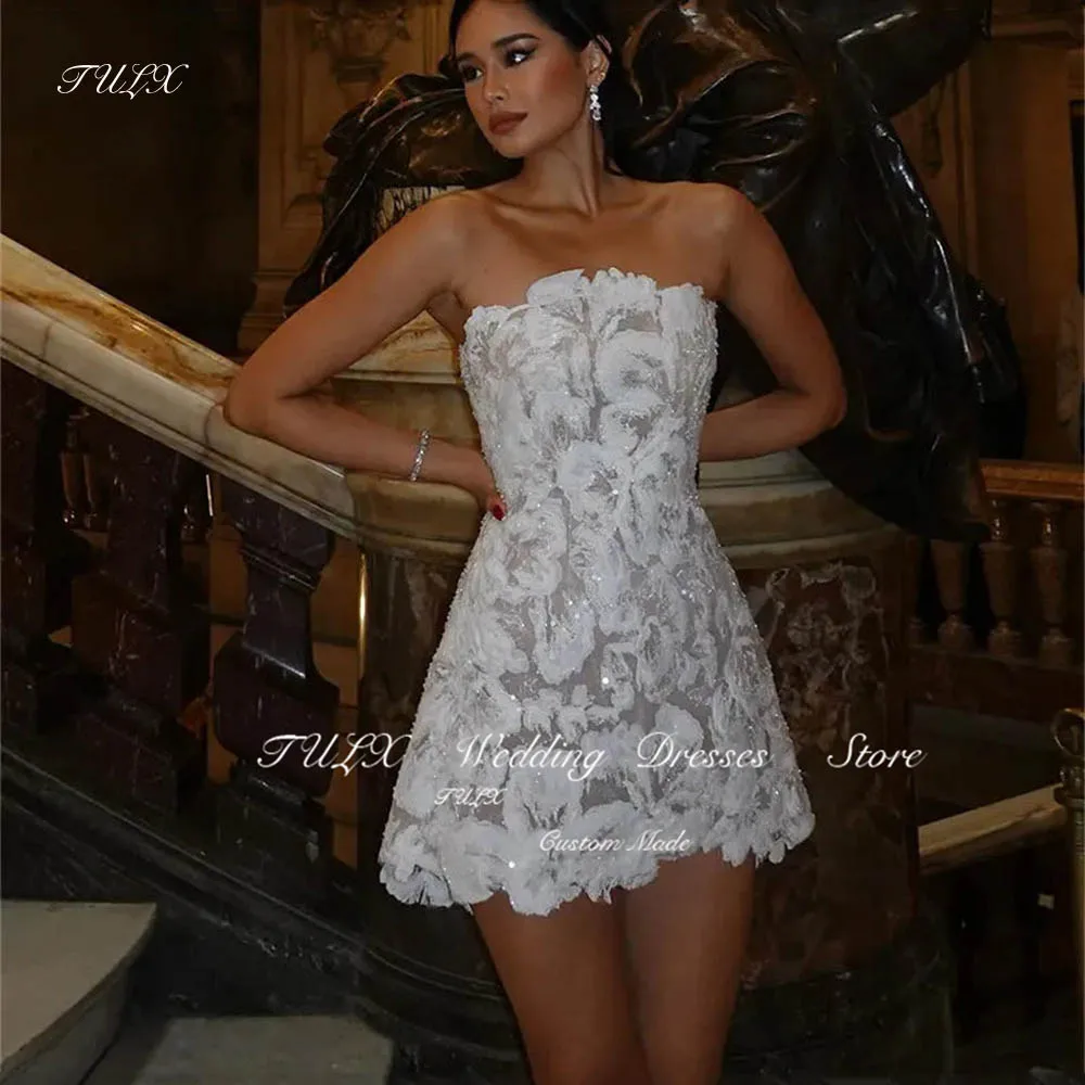 TULX Luxury Sparkly Lace Flower Wedding Party Dresses Strapless A-line MiniShort Bridal Gowns Above Knee Sexy Party Gown